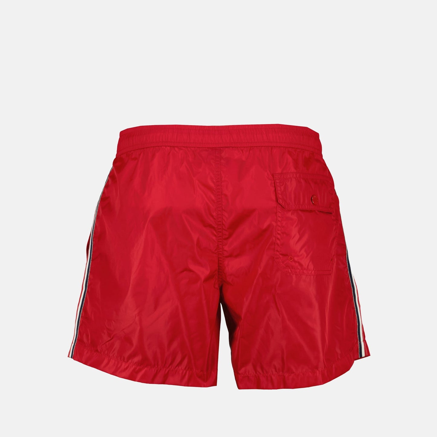 luxury swimwear, red swim shorts, Moncler swimwear, tricolor piped shorts, designer beachwear