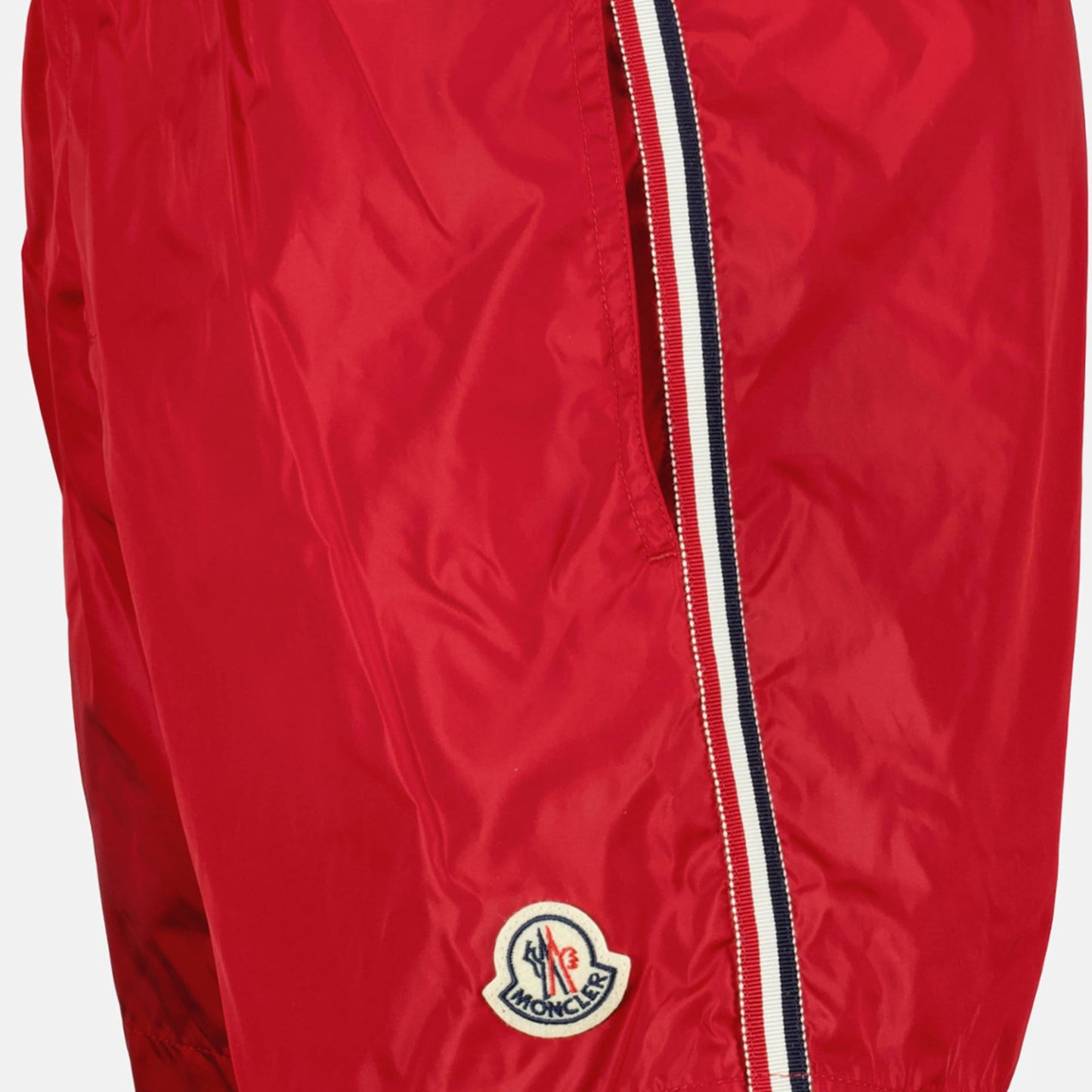 luxury swimwear, red swim shorts, Moncler swimwear, tricolor piped shorts, designer beachwear