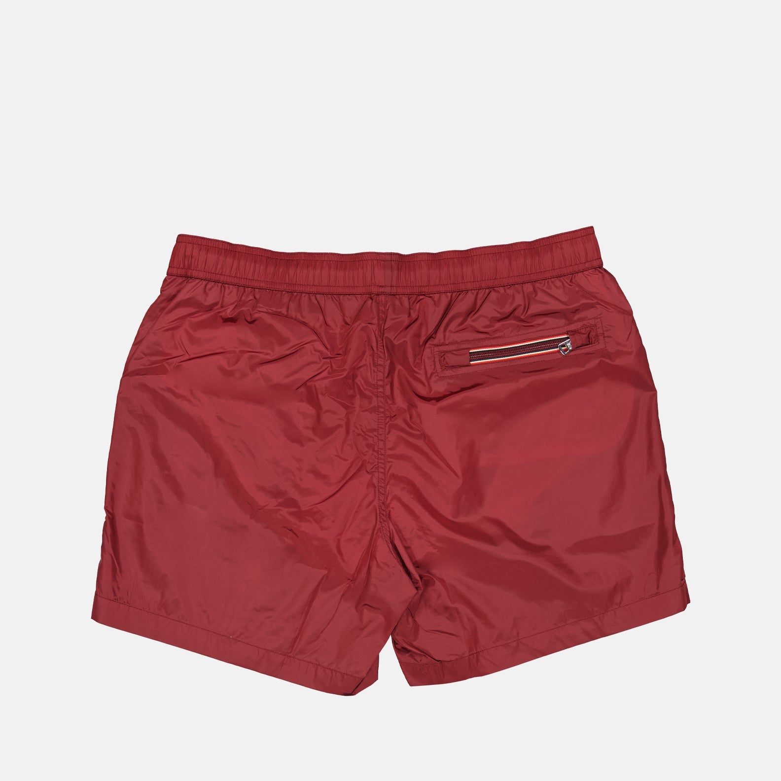 moncler swim shorts, burgundy logo shorts, luxury swimwear, premium swim shorts, high-end beachwear