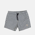 Monogrammed swim shorts, luxury beachwear, white and blue swim shorts, high-end swimwear, Moncler swim shorts