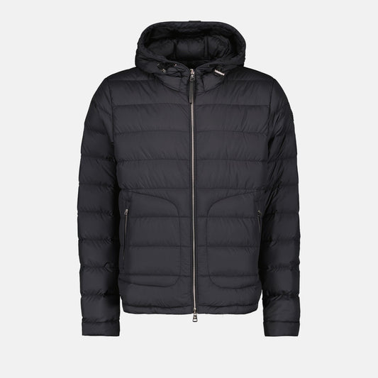 luxury down jacket, black nylon jacket, winter outerwear, Moncler jacket, quilted jacket