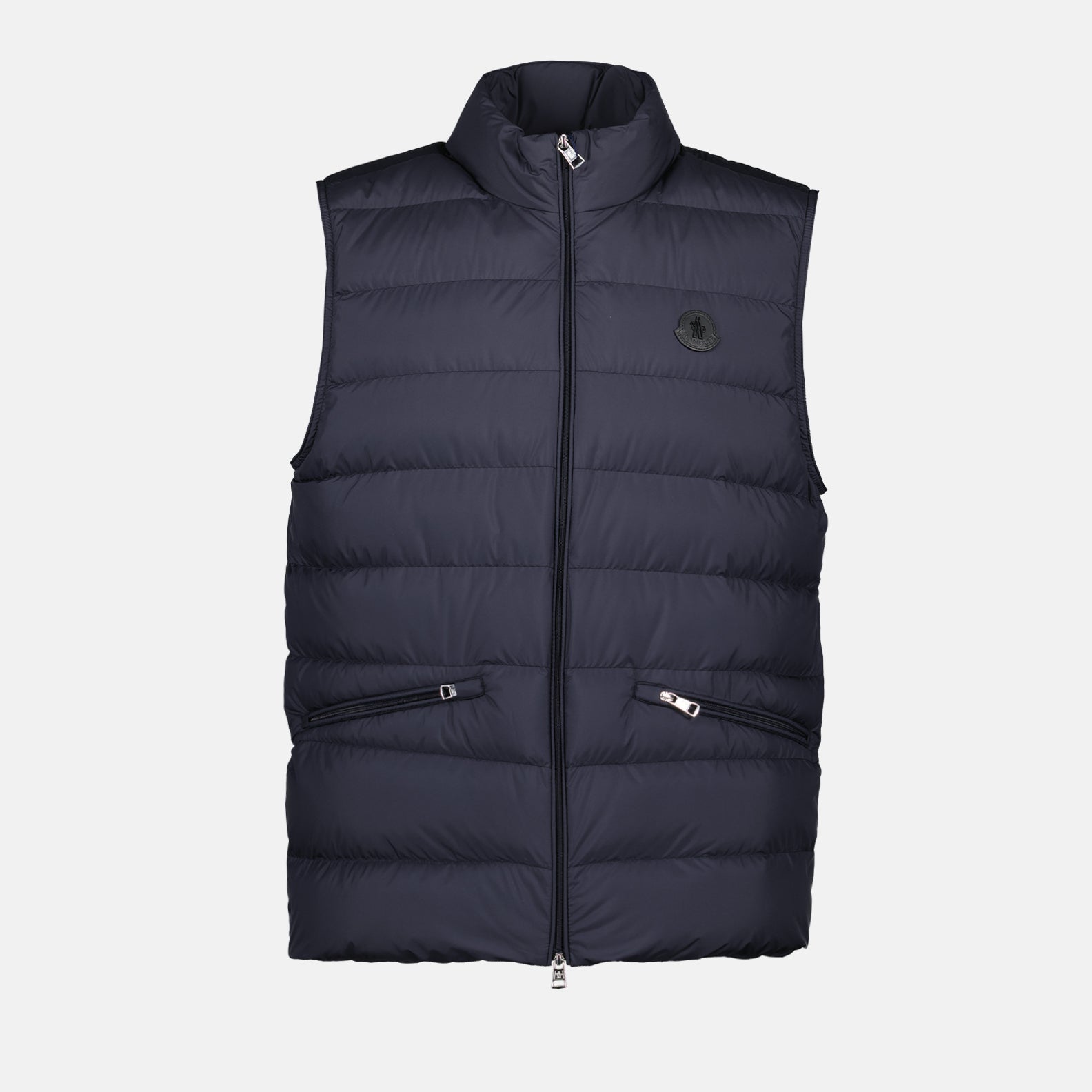 sleeveless blue vest, Moncler down vest, luxury men's outerwear, winter fashion, high-neck down vest