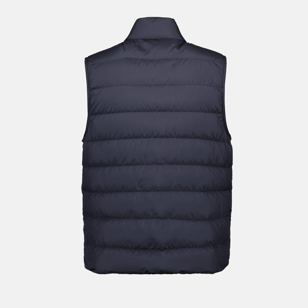 sleeveless blue vest, Moncler down vest, luxury men's outerwear, winter fashion, high-neck down vest