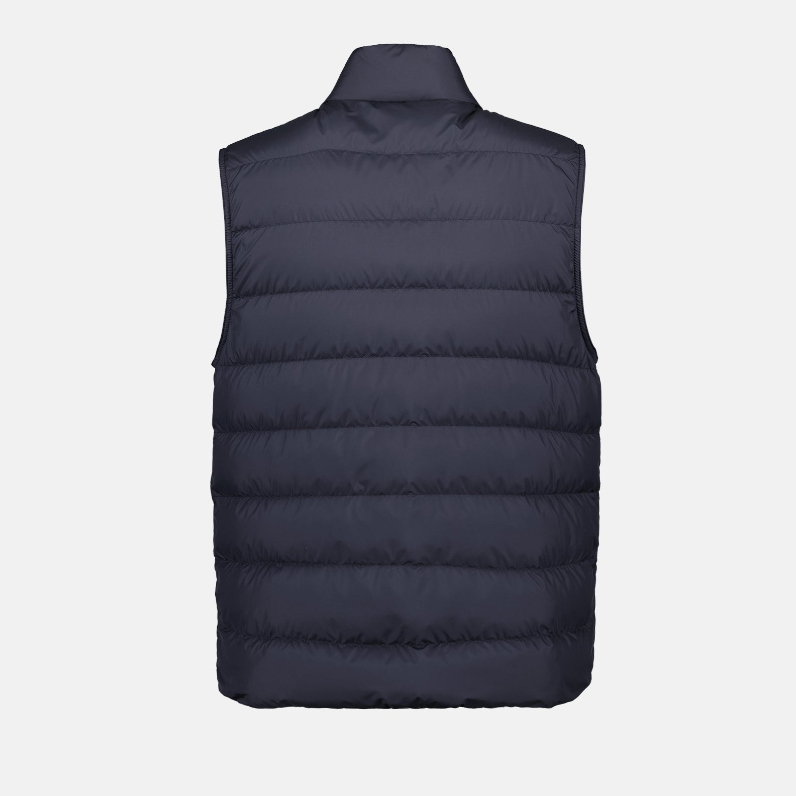 sleeveless blue vest, Moncler down vest, luxury men's outerwear, winter fashion, high-neck down vest