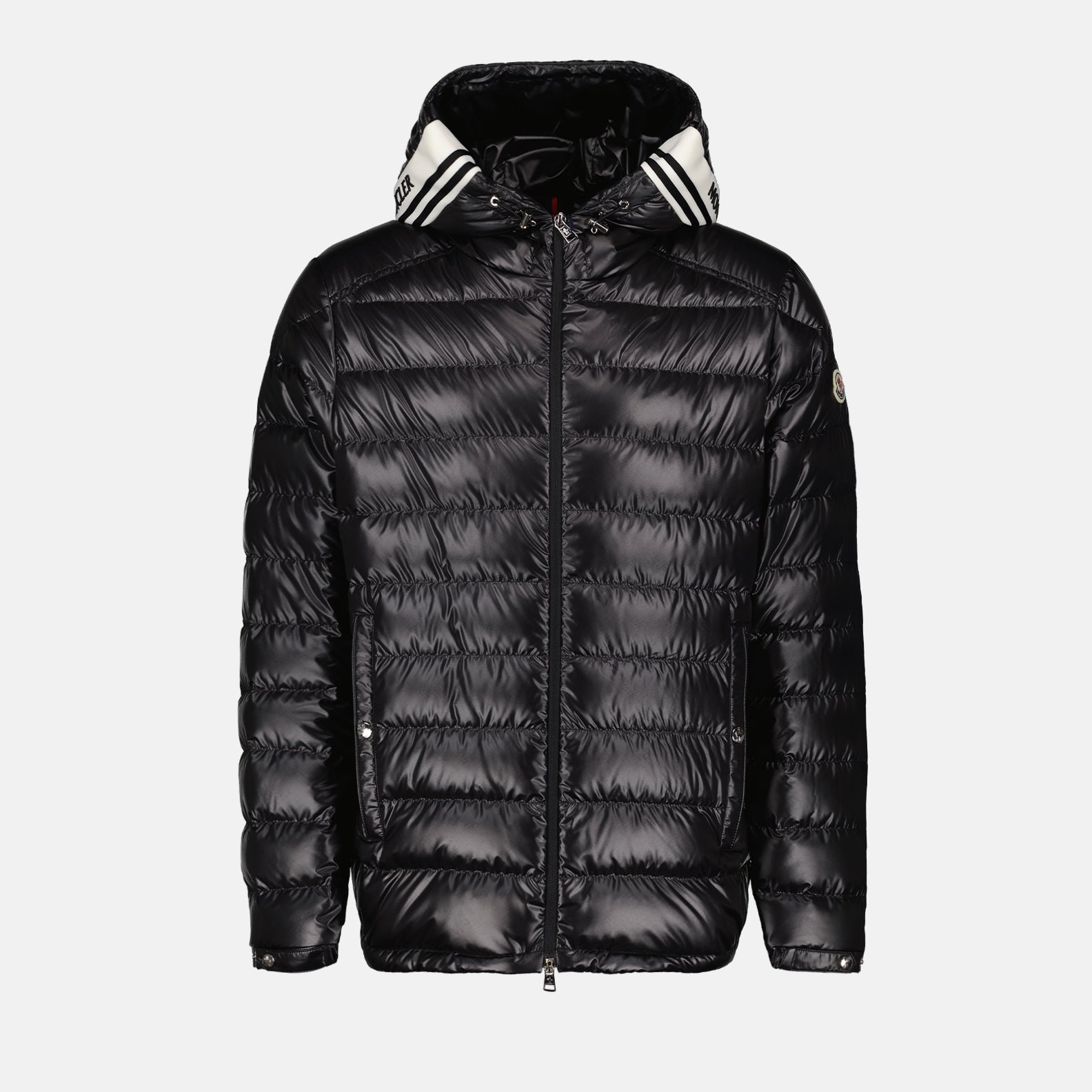 luxury down jacket, black nylon jacket, Moncler Cornour, premium outerwear, sophisticated jacket