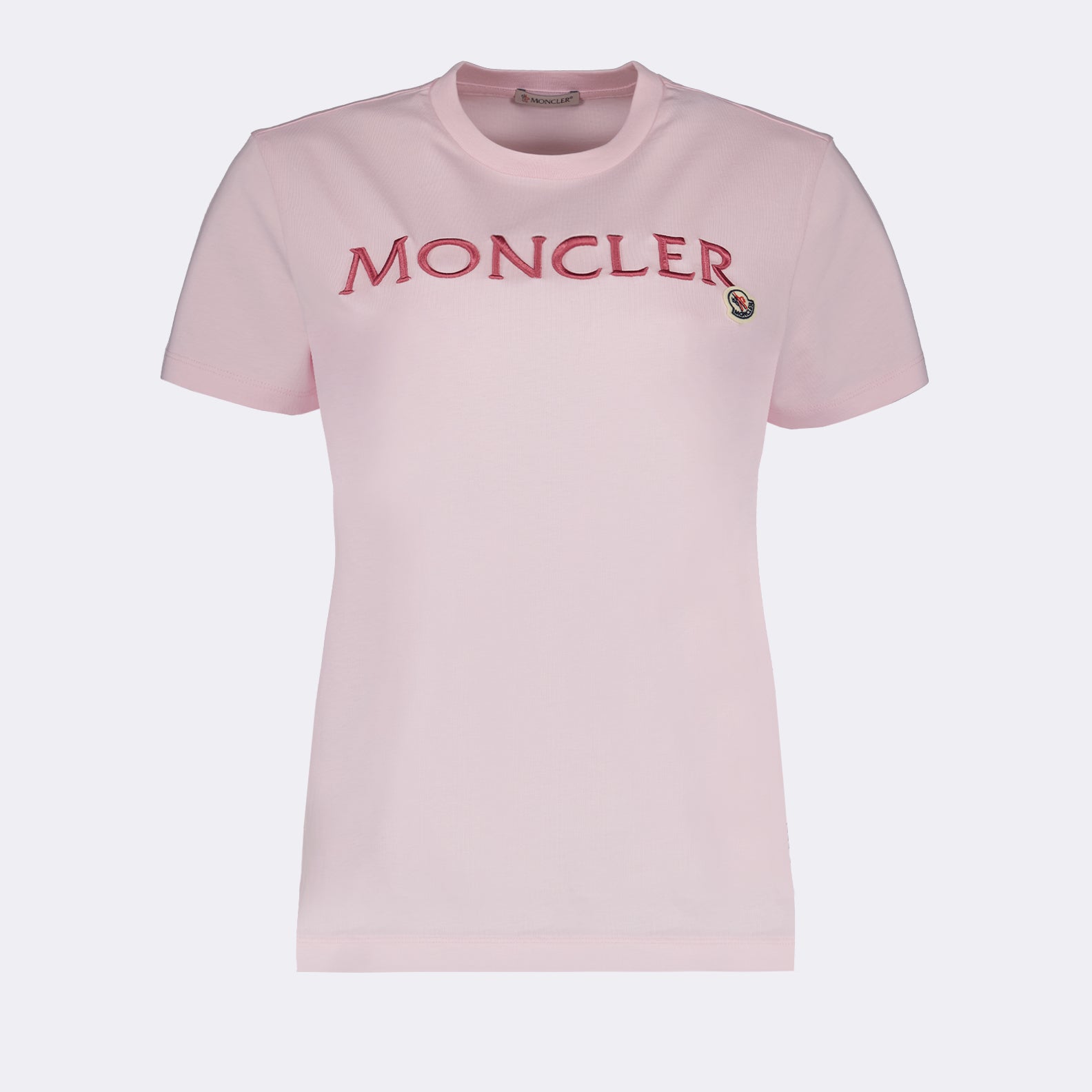 luxury T-shirt, Moncler logo shirt, pink designer T-shirt, high-end casual wear, elegant logo T-shirt