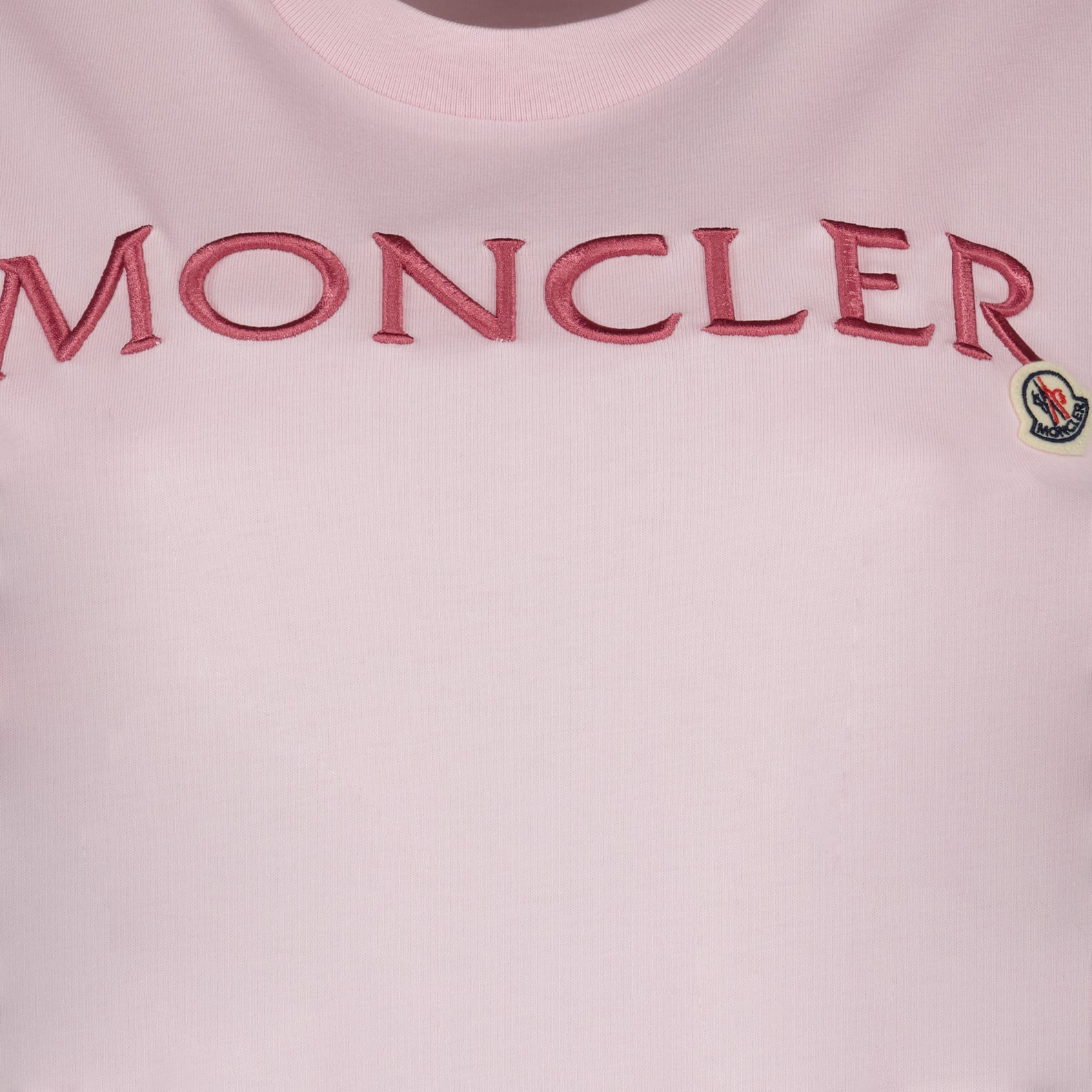 luxury T-shirt, Moncler logo shirt, pink designer T-shirt, high-end casual wear, elegant logo T-shirt