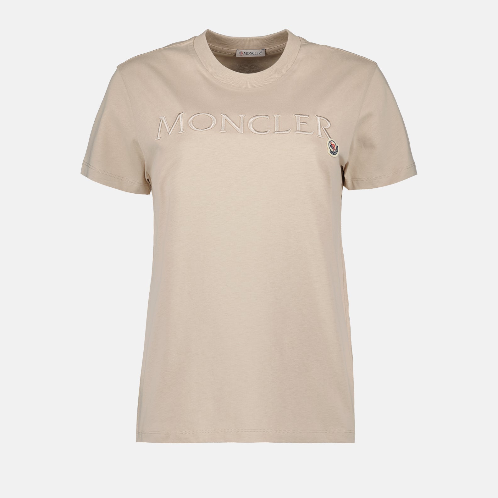 Monogram T-shirt, Luxury beige T-shirt, Moncler tops, High-end fashion, Designer T-shirt