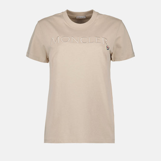 Monogram T-shirt, Luxury beige T-shirt, Moncler tops, High-end fashion, Designer T-shirt