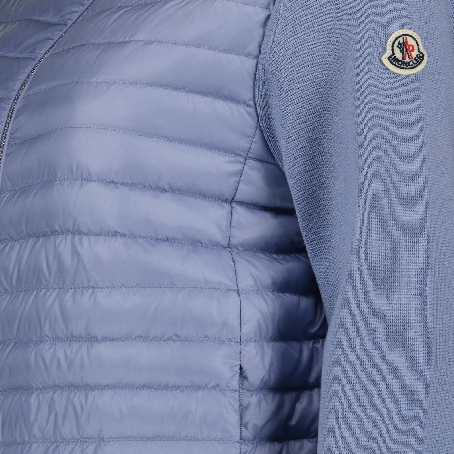 quilted jacket, mixed-material jacket, luxury outerwear, blue jacket, Moncler jacket