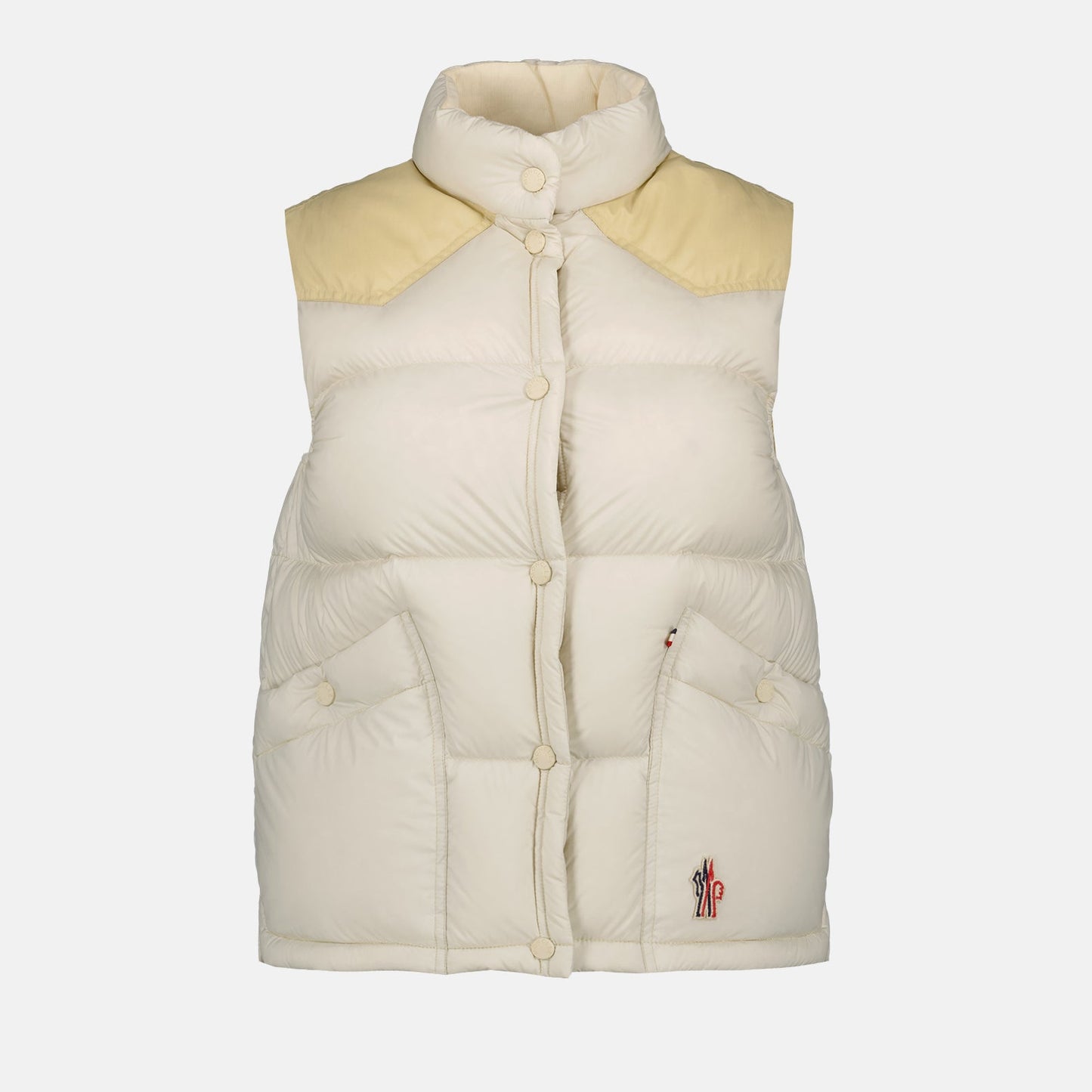 sleeveless puffer jacket, Moncler Grenoble, beige outerwear, luxury winter vest, down-filled jacket