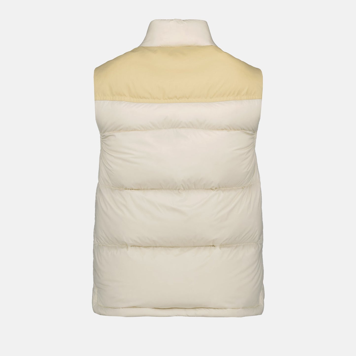 sleeveless puffer jacket, Moncler Grenoble, beige outerwear, luxury winter vest, down-filled jacket