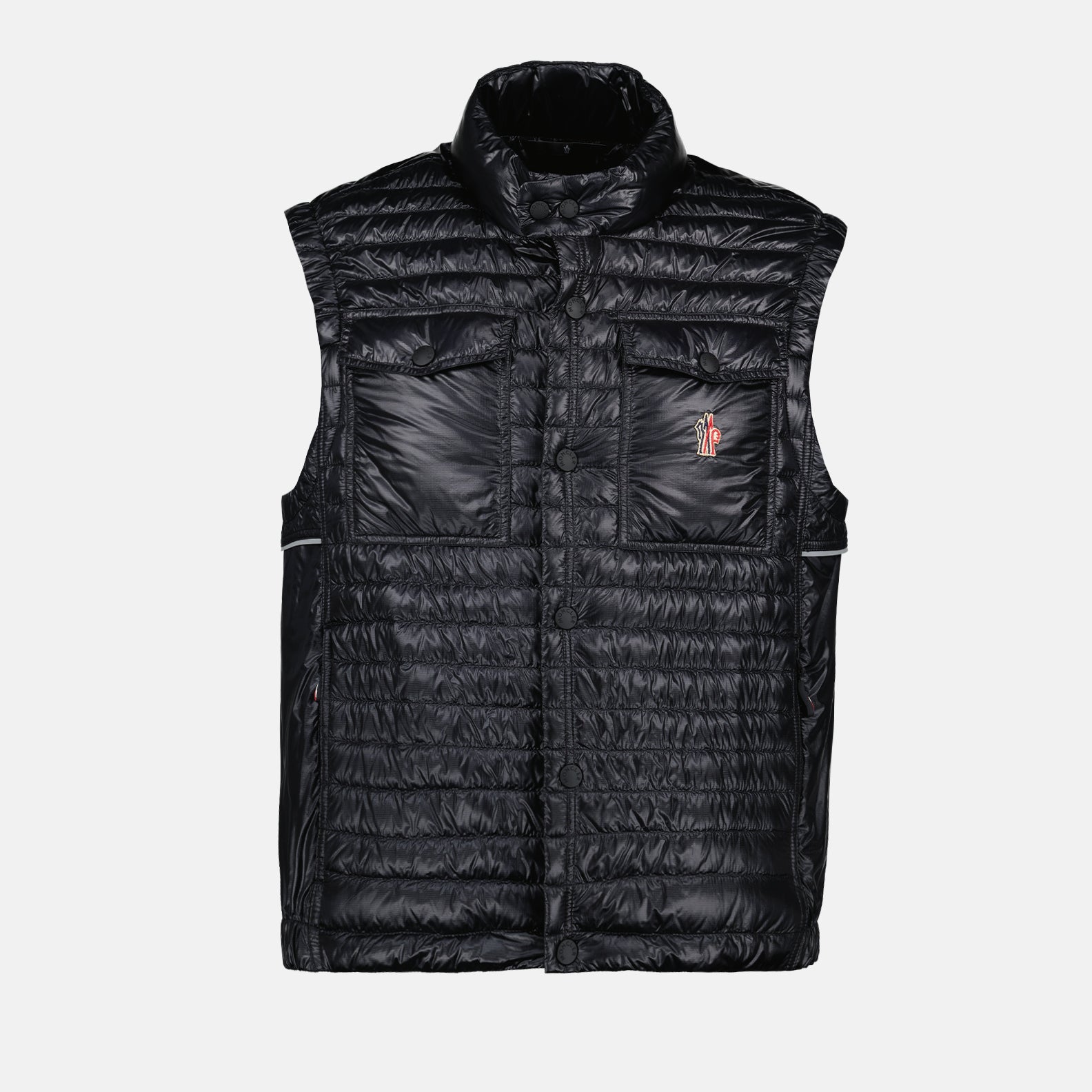 luxury vest, padded nylon vest, Moncler Grenoble vest, black sleeveless jacket, high-end outerwear