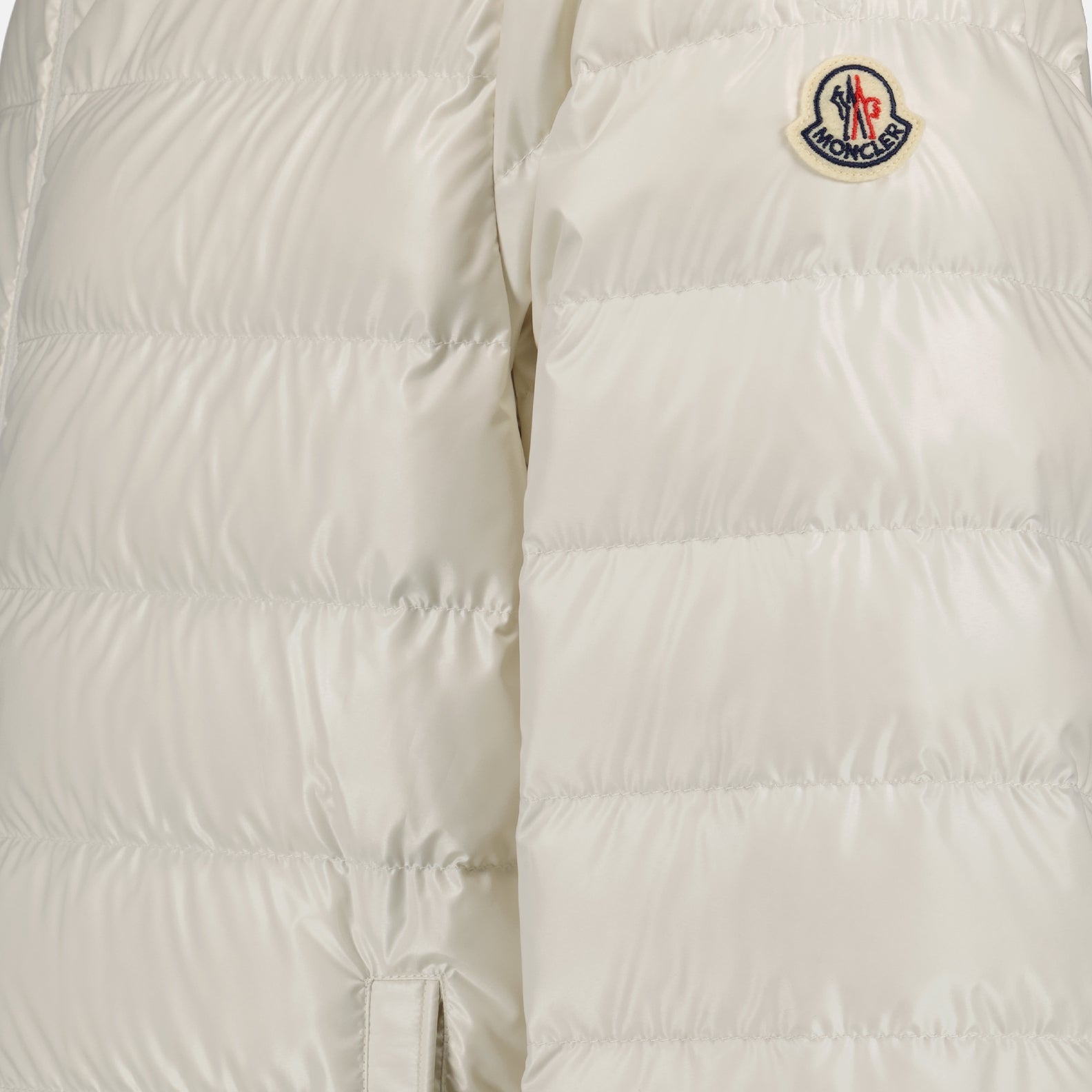 luxury down jacket, white nylon jacket, Moncler outerwear, designer winter jacket, high-end fashion