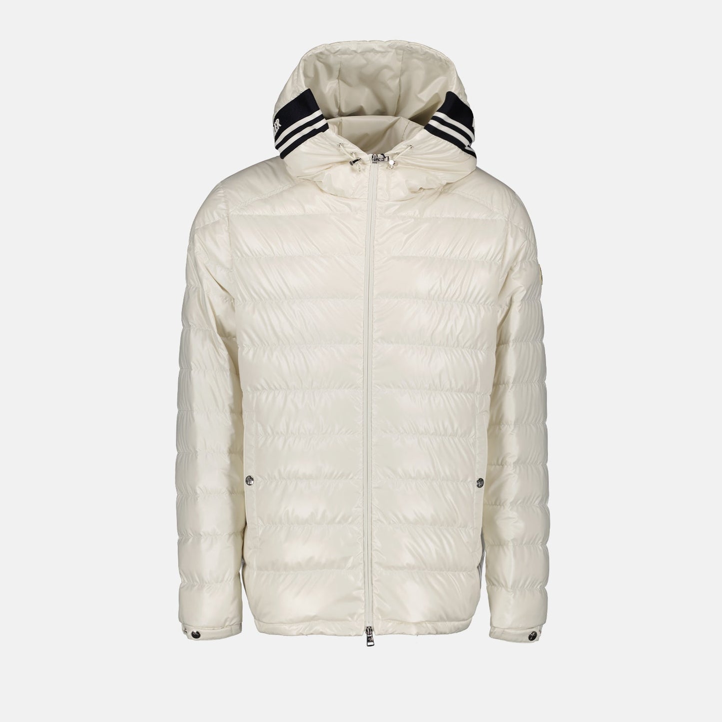 luxury down jacket, white nylon jacket, Moncler outerwear, designer winter jacket, high-end fashion