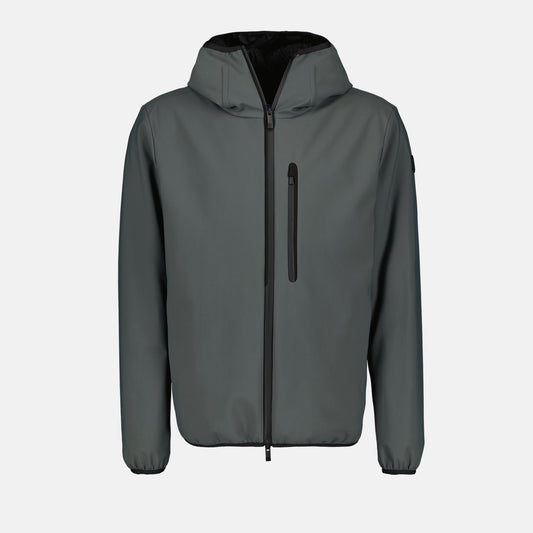 Moncler jacket, gray nylon jacket, luxury outerwear, high-end fashion, timeless style