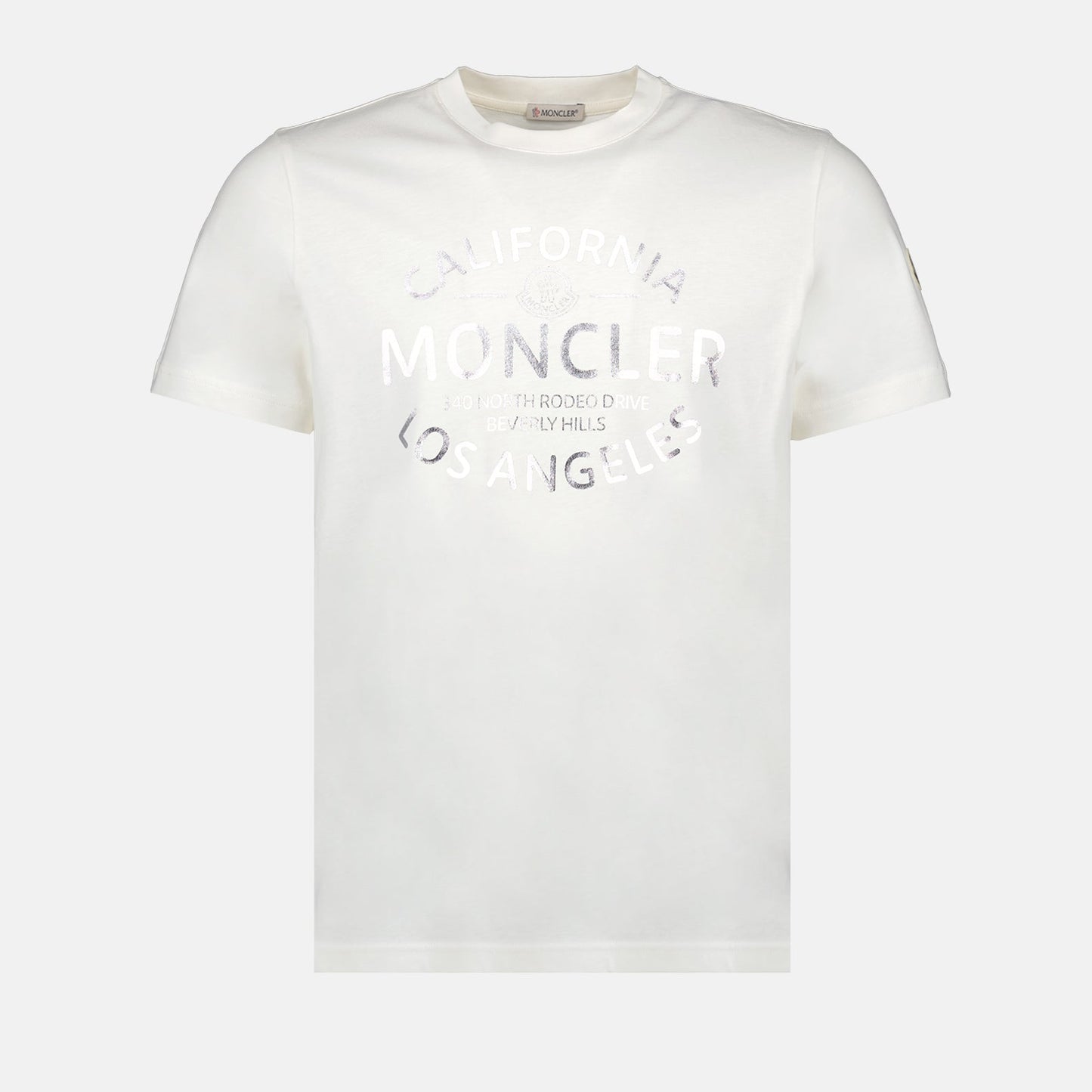 Moncler, white T-shirt, logo print, luxury clothing, premium cotton