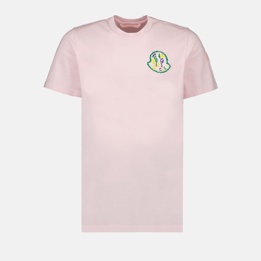 Moncler, luxury T-shirt, pink logo T-shirt, designer clothing, high-end fashion