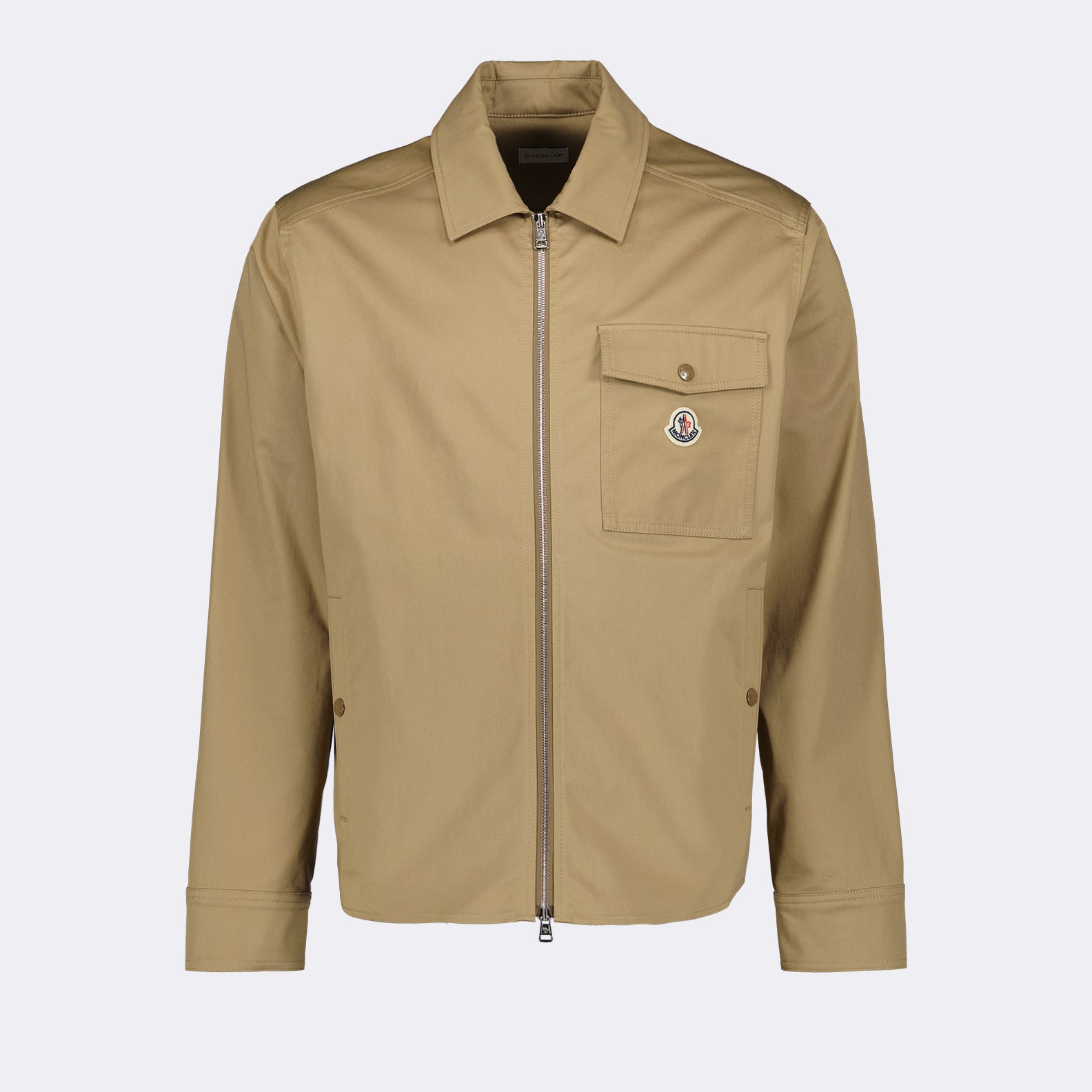 Moncler jacket, Camel shirt jacket, Zip-up shirt, Luxury men's wear, Elegant outerwear