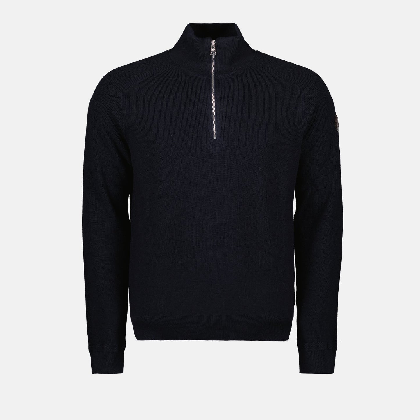 Moncler, Blue Zip Pullover, Luxury Menswear, Designer Sweater, Elegant Pullover