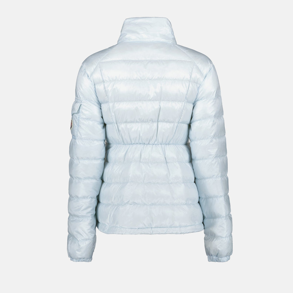 luxury down jacket, Moncler jacket, winter fashion, blue jacket, elegant winter coat