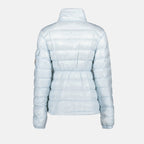 luxury down jacket, Moncler jacket, winter fashion, blue jacket, elegant winter coat