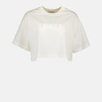 luxury crop t-shirt, Moncler logo top, high-end casual wear, white logo t-shirt, elegant women’s clothing