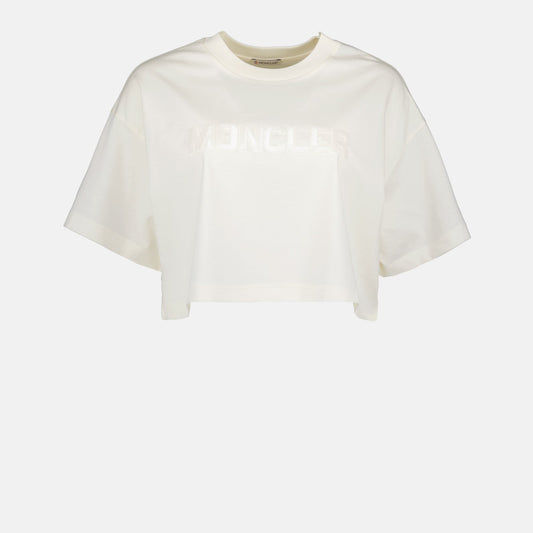 luxury crop t-shirt, Moncler logo top, high-end casual wear, white logo t-shirt, elegant women’s clothing