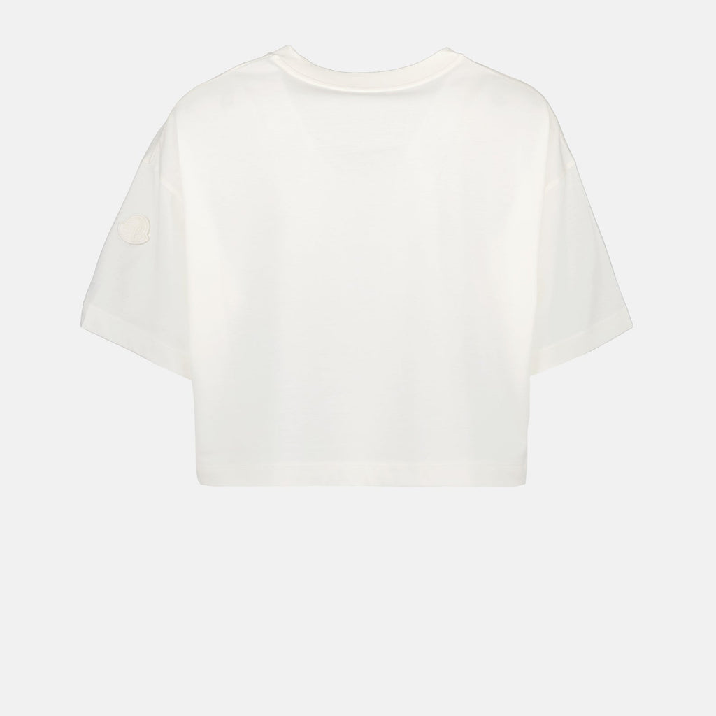 luxury crop t-shirt, Moncler logo top, high-end casual wear, white logo t-shirt, elegant women’s clothing
