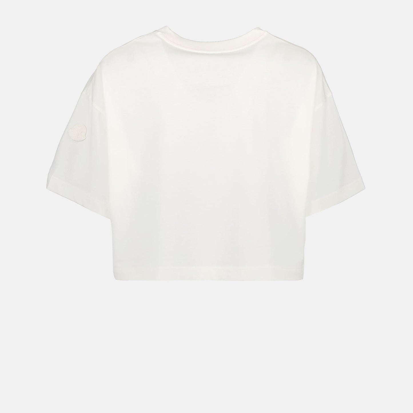 luxury crop t-shirt, Moncler logo top, high-end casual wear, white logo t-shirt, elegant women’s clothing