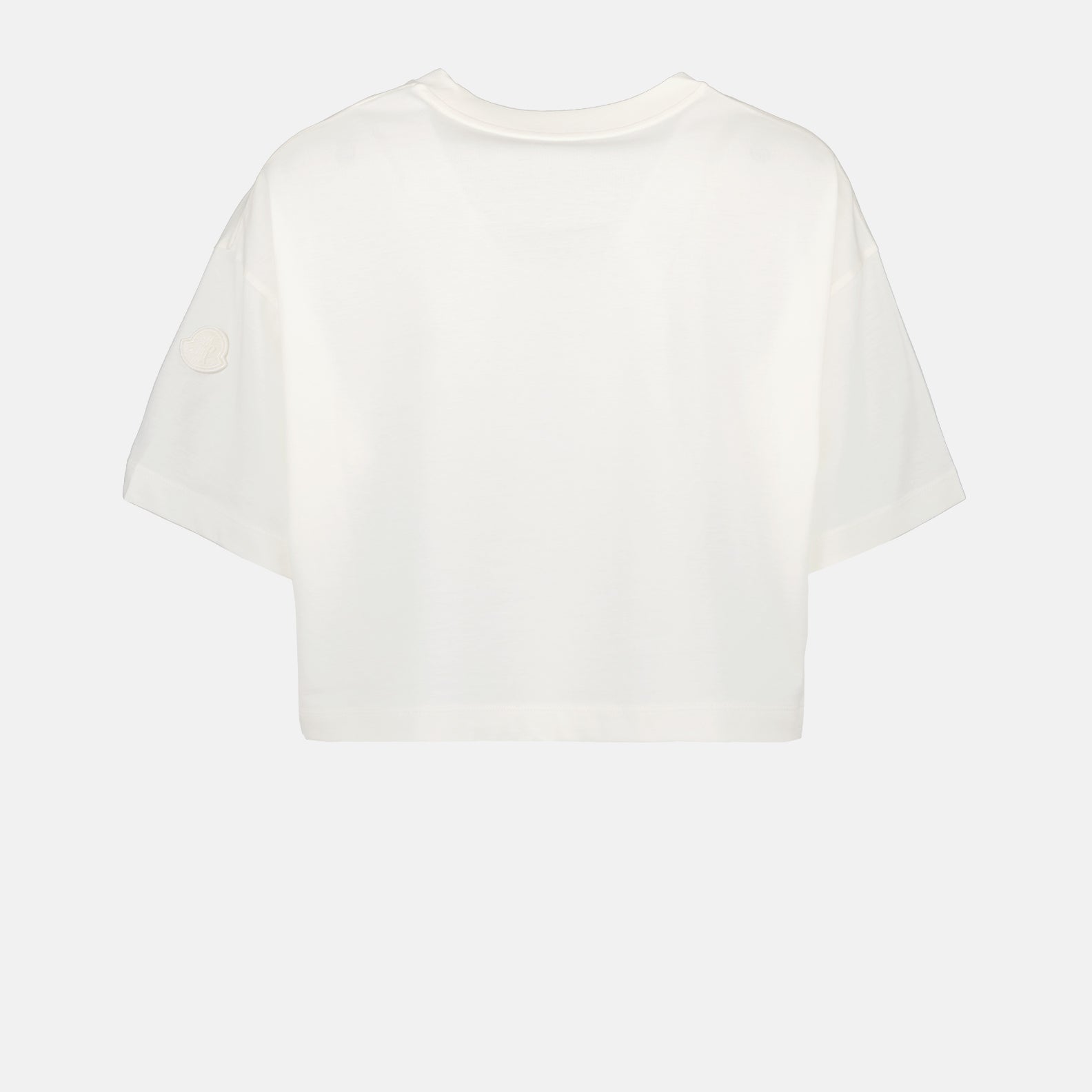 luxury crop t-shirt, Moncler logo top, high-end casual wear, white logo t-shirt, elegant women’s clothing