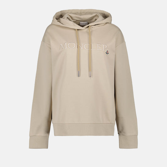 luxury hoodie, Moncler hoodie, beige cotton hoodie, logo hoodie, premium casual wear