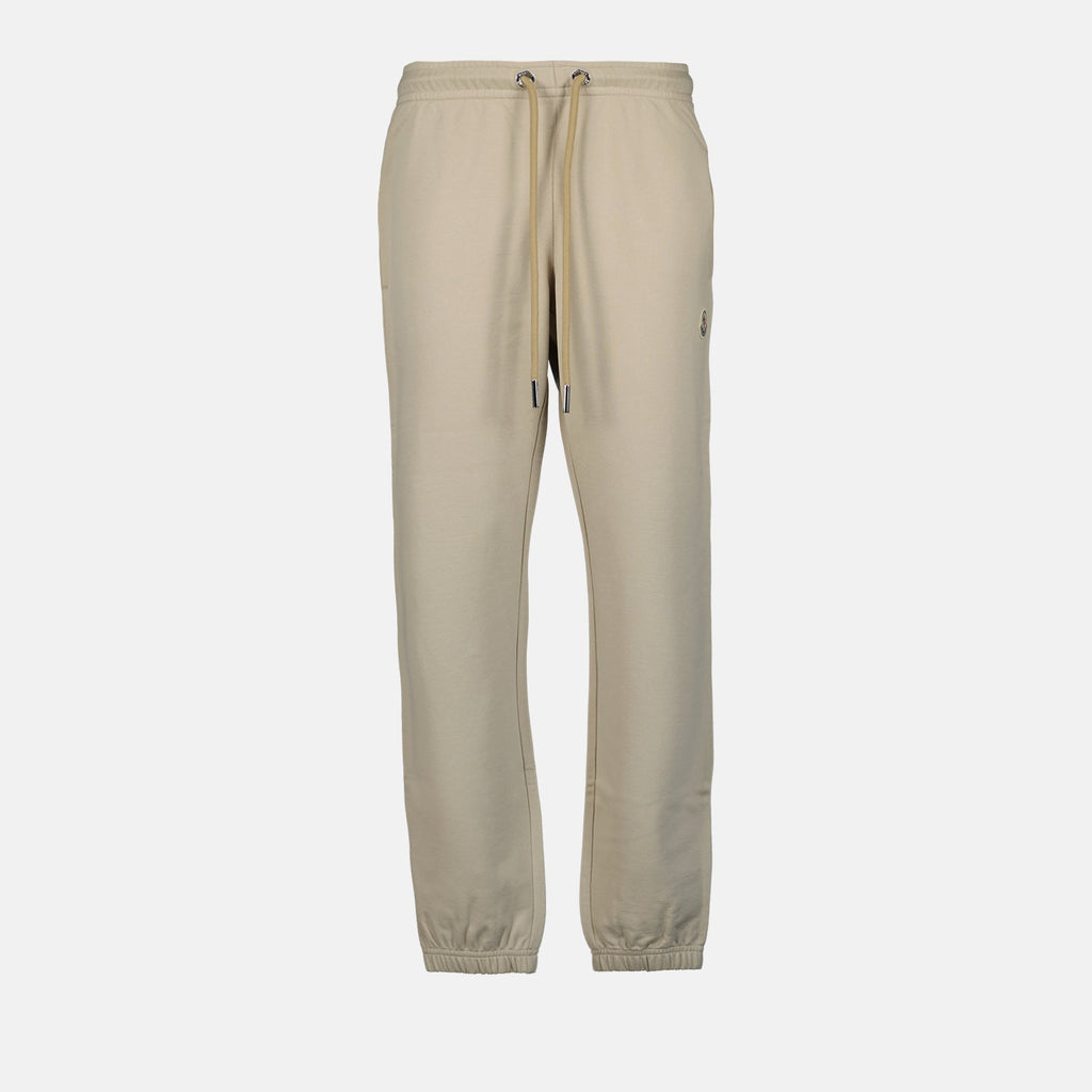beige jogging pants, Moncler, logo jogging pants, luxury loungewear, cotton joggers