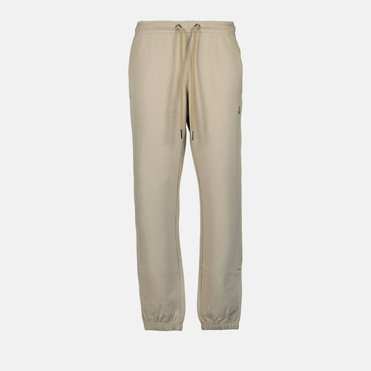 beige jogging pants, Moncler, logo jogging pants, luxury loungewear, cotton joggers