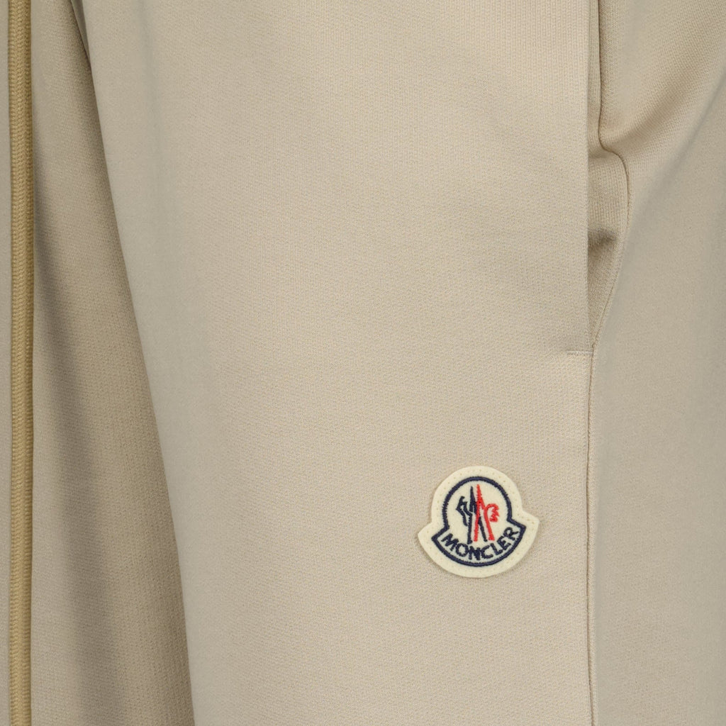 beige jogging pants, Moncler, logo jogging pants, luxury loungewear, cotton joggers