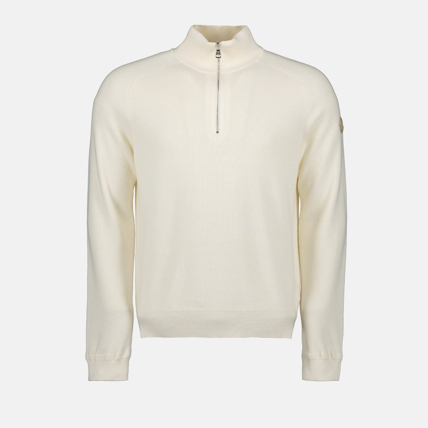 Moncler sweater, luxury zip sweater, white sweater, designer knitwear, high-end fashion