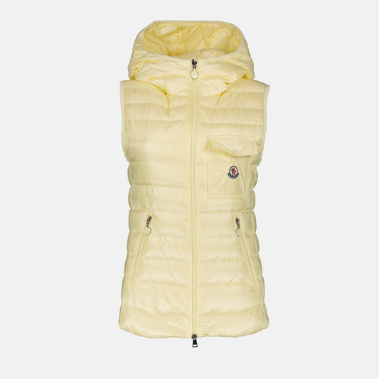 luxury vest, sleeveless vest, Moncler vest, pale yellow vest, designer outerwear