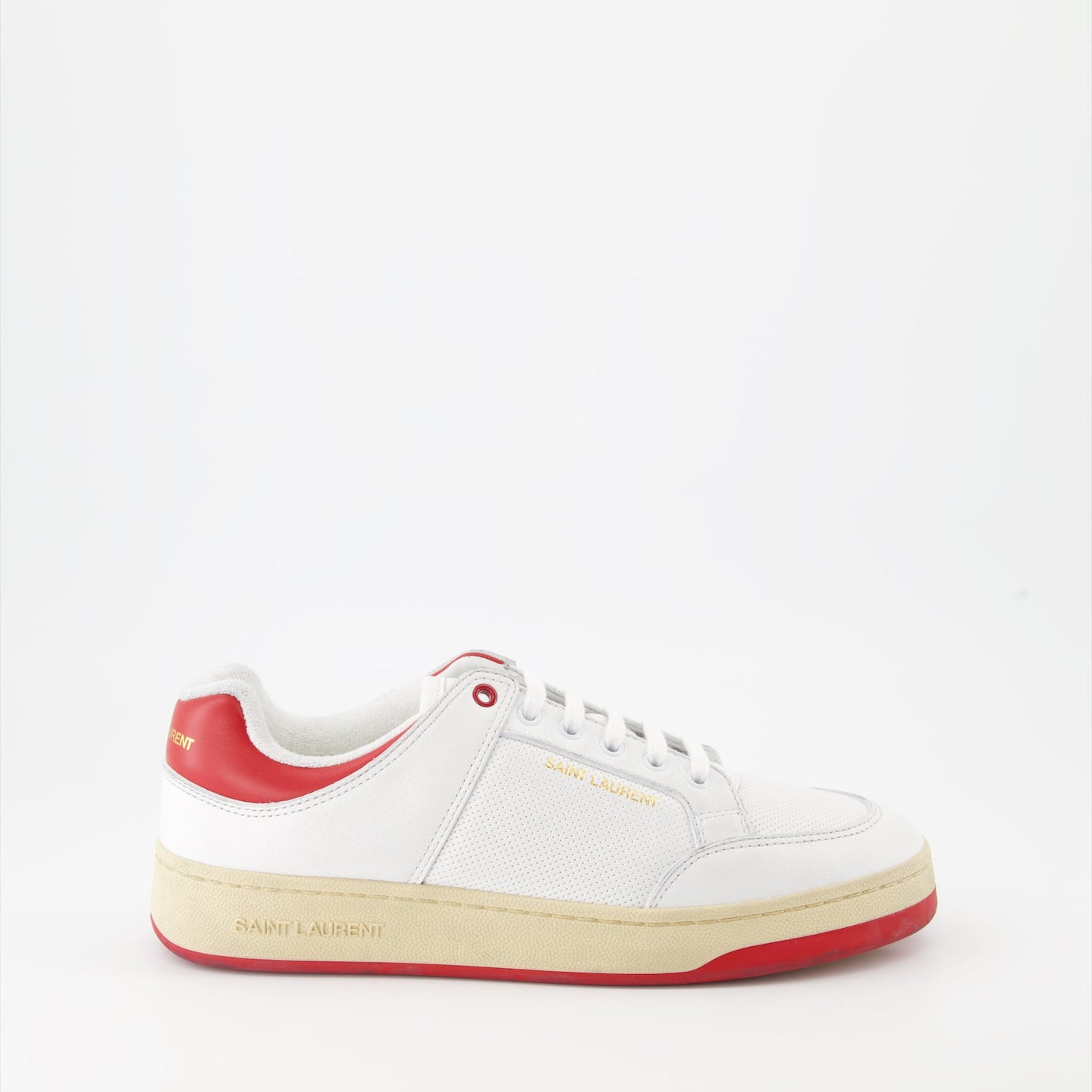 Saint Laurent sneakers, luxury white sneakers, red leather sneakers, high-end footwear, SL61 sneakers