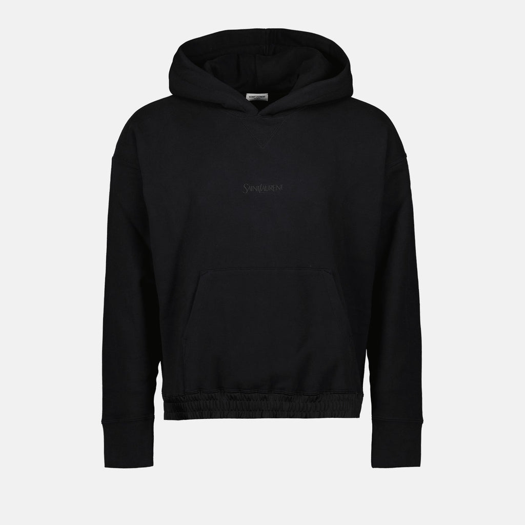 Saint Laurent hoodie, black logo hoodie, luxury casual wear, sophisticated casual clothing, designer men's hoodies