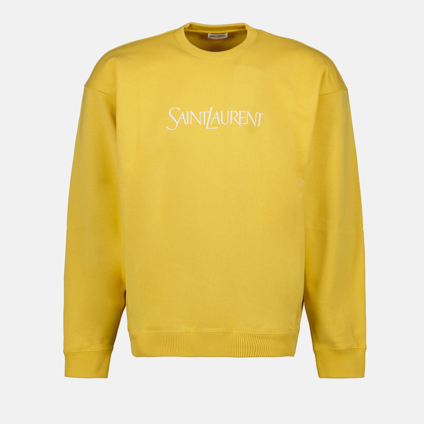 Yellow sweatshirt, luxury casual wear, Saint Laurent logo, embroidered sweatshirt, designer sweatshirt