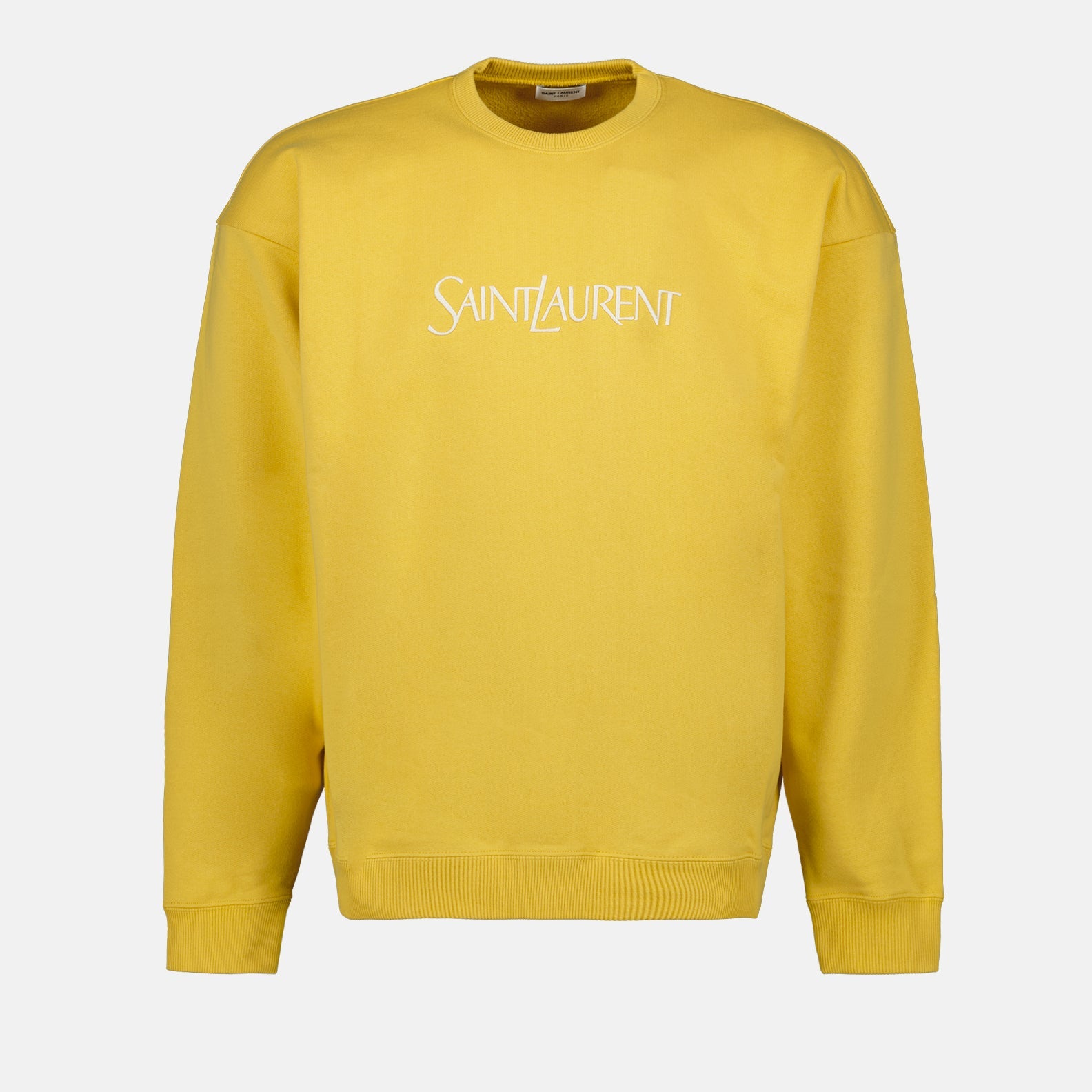 Yellow sweatshirt, luxury casual wear, Saint Laurent logo, embroidered sweatshirt, designer sweatshirt