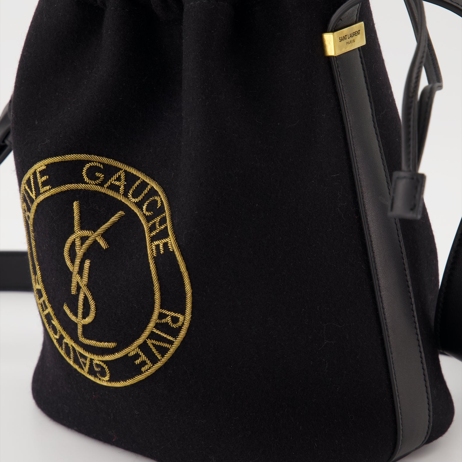 Rive Gauche, Saint Laurent, luxury bucket bag, black wool bag, designer accessories
