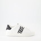 Versace sneakers, black embroidered sneakers, luxury footwear, Greca pattern, elegant casual shoes