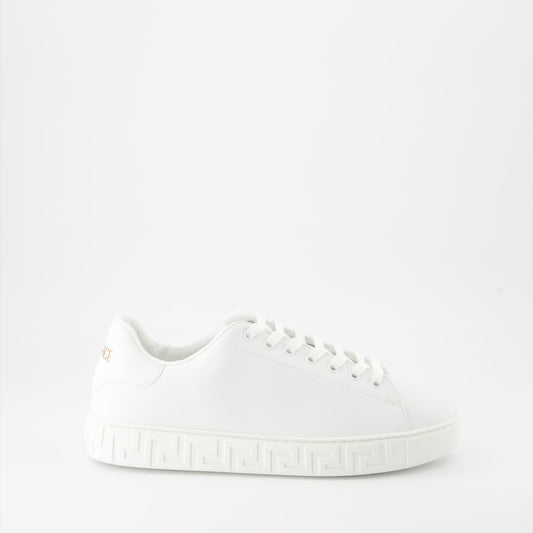 luxury sneakers, Versace footwear, white sneakers, Greca pattern, premium sneakers