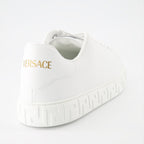 luxury sneakers, Versace footwear, white sneakers, Greca pattern, premium sneakers
