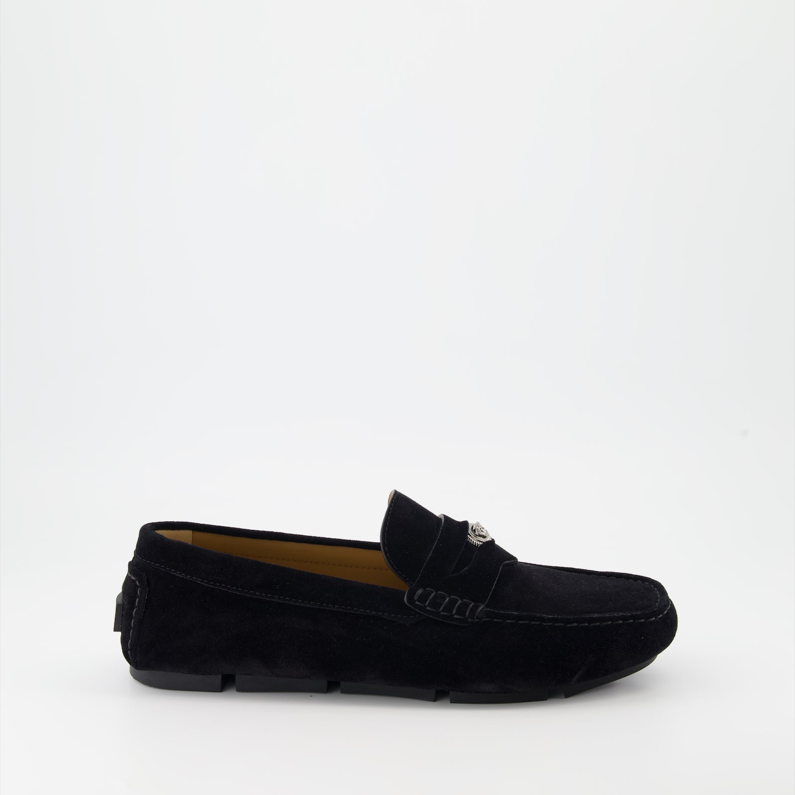 Black suede loafers, Versace loafers, luxury men's footwear, gold medallion loafers, high-end designer shoes