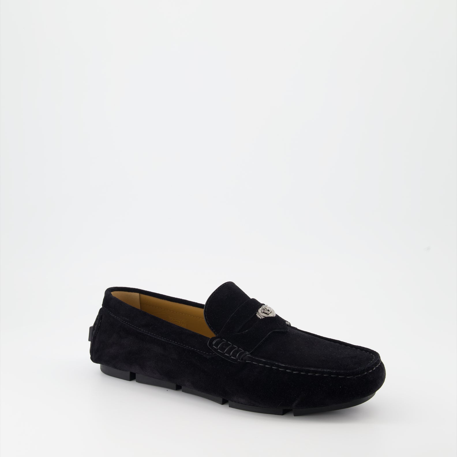 Black suede loafers, Versace loafers, luxury men's footwear, gold medallion loafers, high-end designer shoes