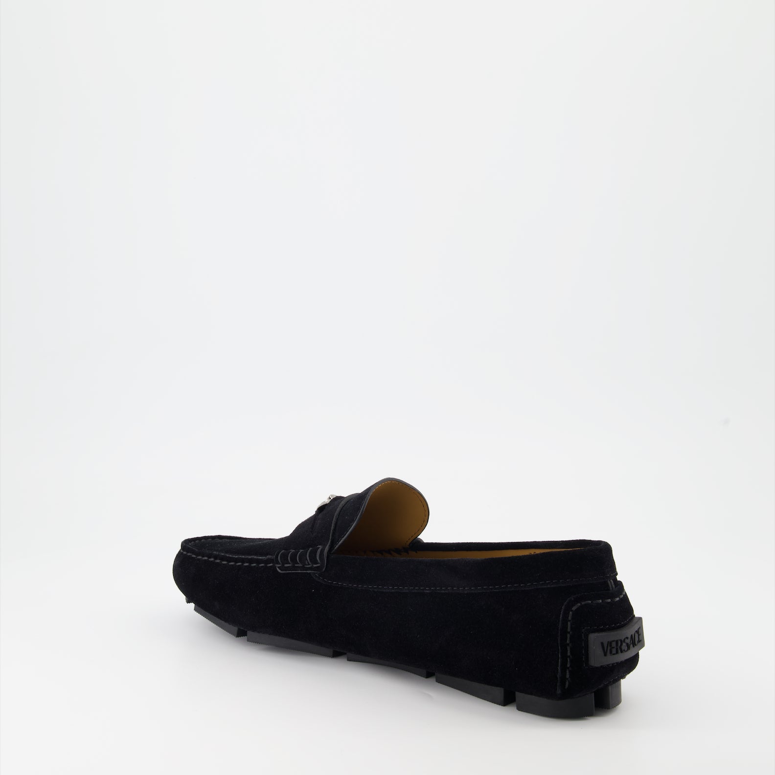 Black suede loafers, Versace loafers, luxury men's footwear, gold medallion loafers, high-end designer shoes