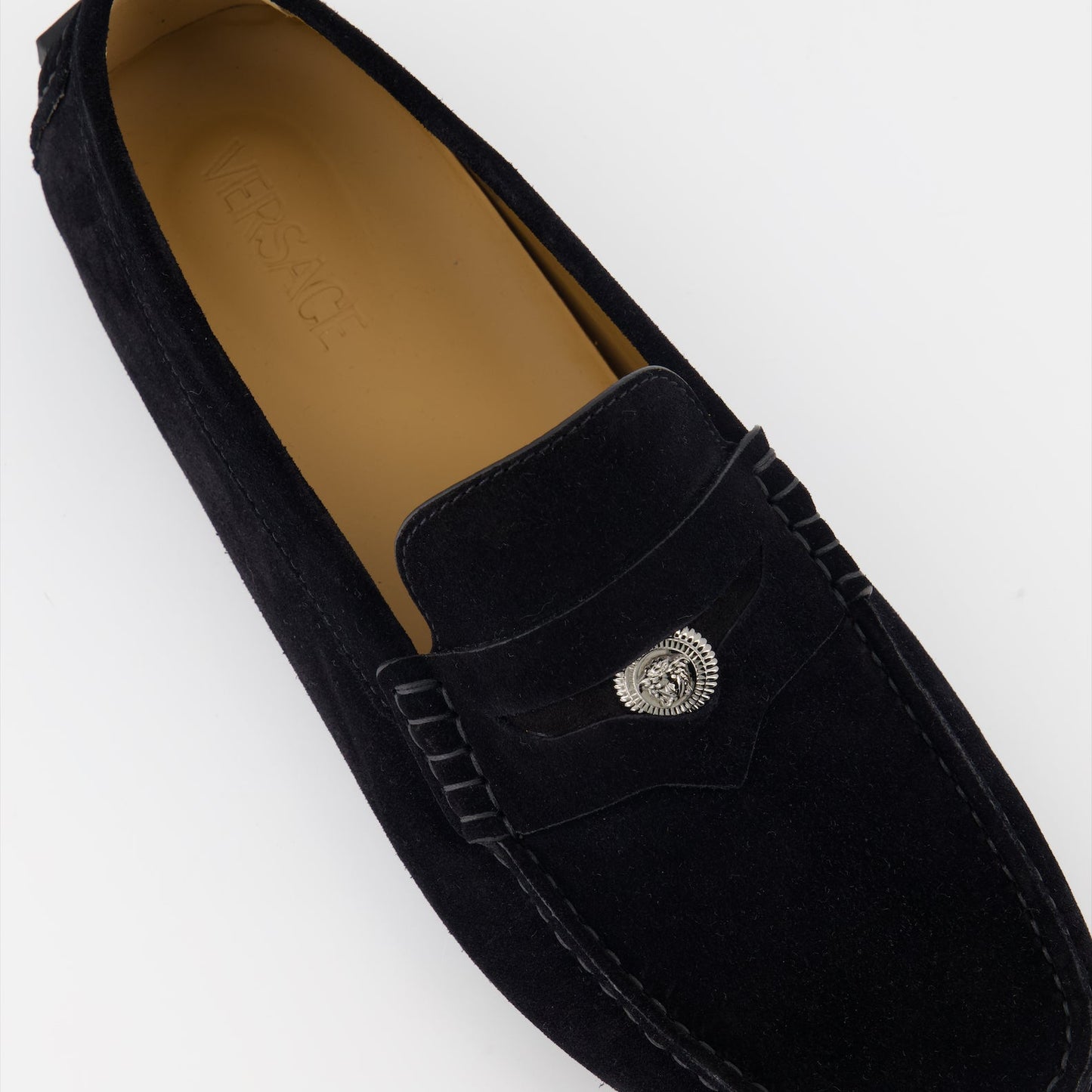 Black suede loafers, Versace loafers, luxury men's footwear, gold medallion loafers, high-end designer shoes