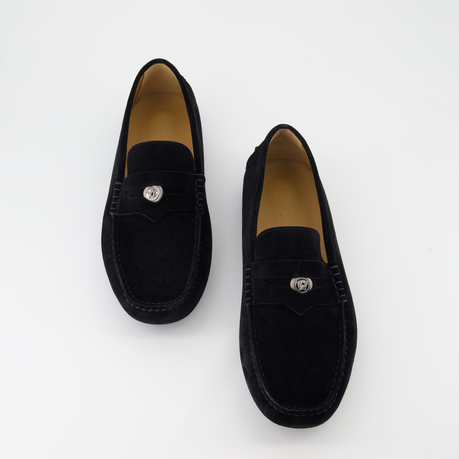 Black suede loafers, Versace loafers, luxury men's footwear, gold medallion loafers, high-end designer shoes